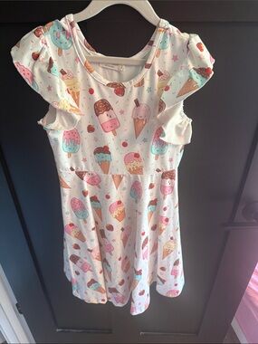 Kids Ice Cream Print Dress - White with Pink & Mint